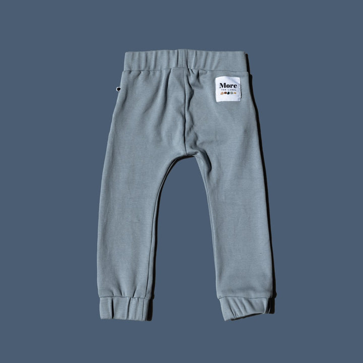 Flat lay image of the back of dusty blue track pants on blue background. 
